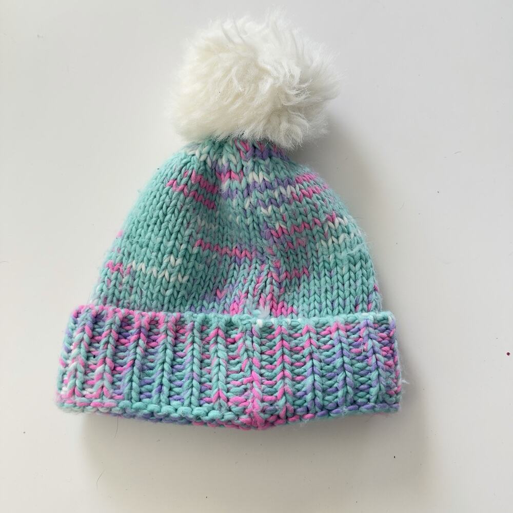 Handmade Teal Pink Purple Knit Beanie - Soft Winter Hat with Faux Fur Pom Pom